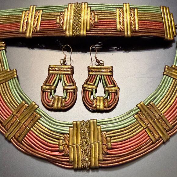 Vintage Alexis Kirk 70s Brass Leather Tribal Jewelry Set - Picture 4 of 12